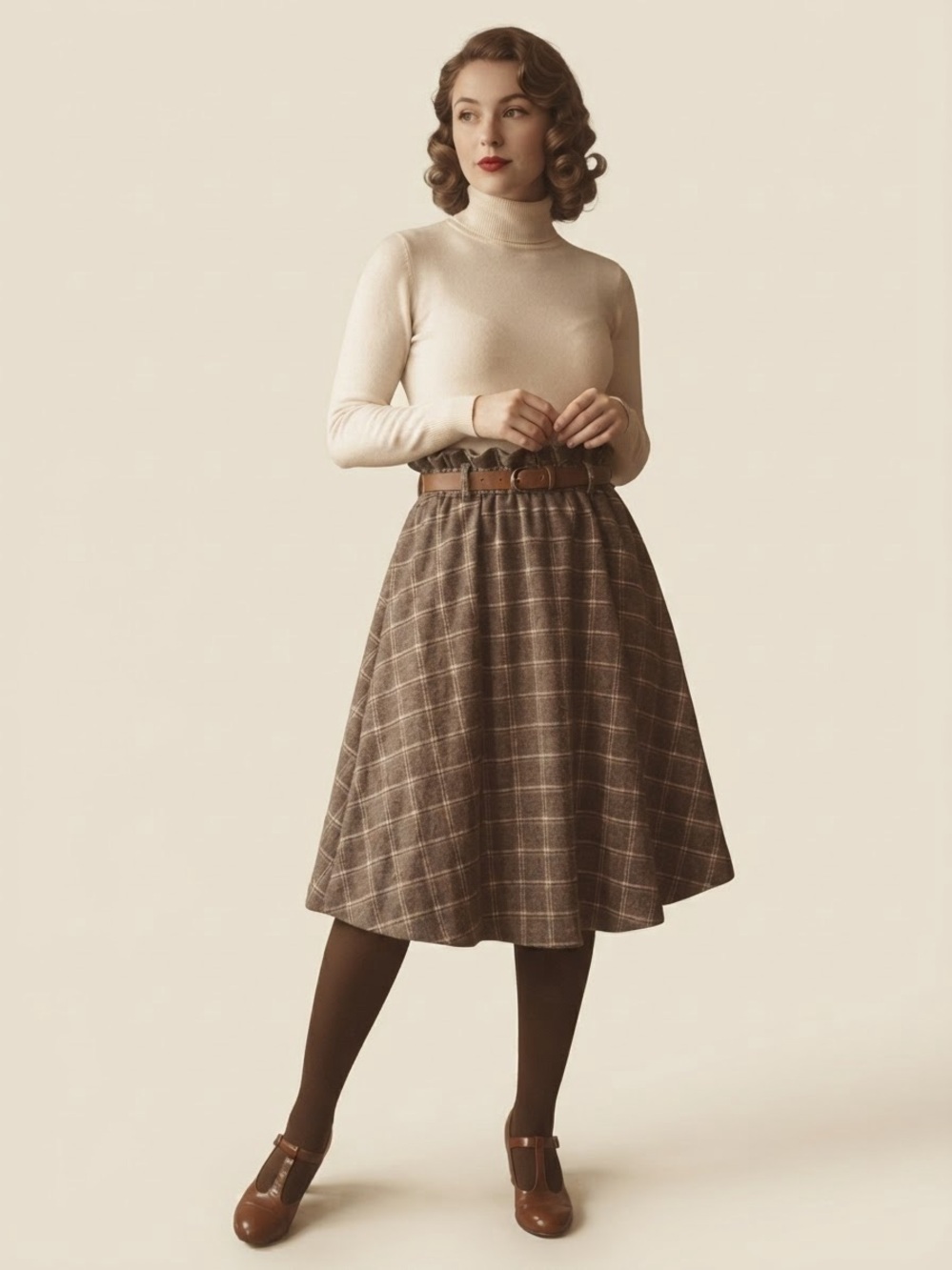 Lindy Bop "Mally" Taupe Check Plaid A-Line Midi Swing Skirt with Pockets - US 10